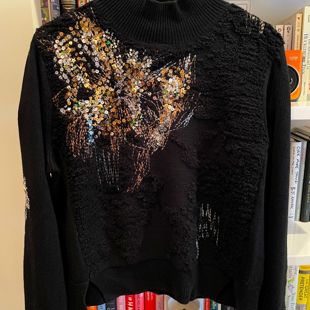 Anthropologie Black Turtleneck Sweater with Gold Sequin Butterfly